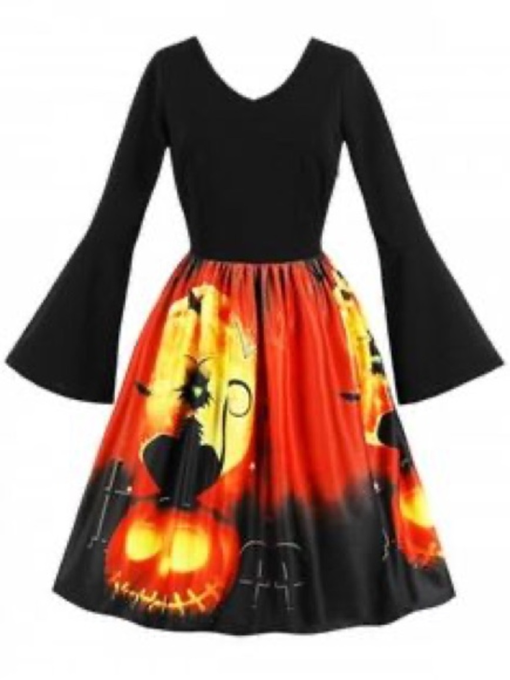 Black and Orange Cat & Pumpkin Vintage Style Halloween Fit-and-Flare Dress M